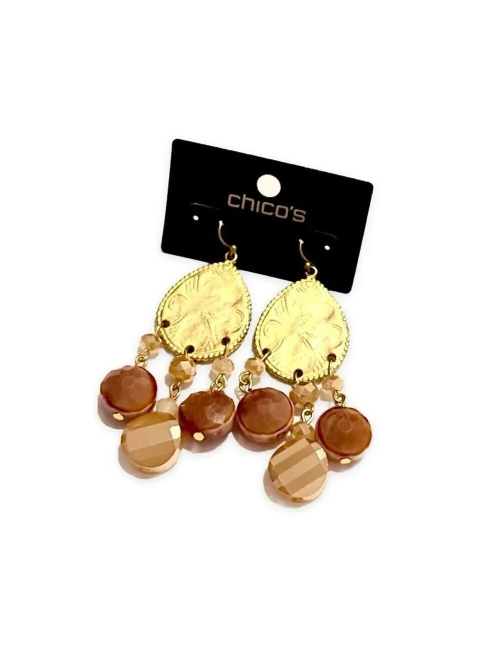Chico's Gold Teardrop Dangle Earrings Peachy Gemstone NWT